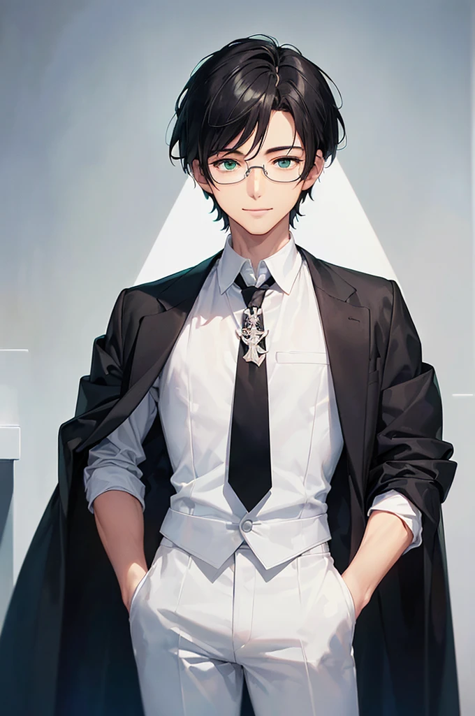 (masterpiece; best quality: 1.2), (finely detailed eyes: 1.3), ((25 year old man)), ((solo)), (green eyes: 1.4), (body; lean, lithe, masculine: 1.3), (very short black hair: 1.3), (beautiful and clear background: 1.2), ((depth of field)), (equipment: white open labcoat + black shirt + white tie + white pants + black square glasses: 1.3), (anime illustration: 1.2), (background composition; japanese highschool classroom + furniture: 1.1), (extremely fine and handsome: 1.1), (shot composition; standing + centered on torso + close-up: 1.5), (expression; calm, smile: 1.2)