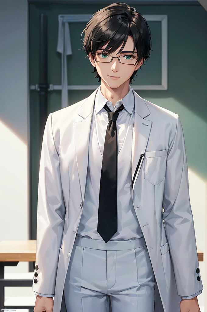 (masterpiece; best quality: 1.2), (finely detailed eyes: 1.3), ((25 year old man)), ((solo)), (green eyes: 1.4), (body; lean, lithe, masculine: 1.3), (very short black hair: 1.3), (beautiful and clear background: 1.2), ((depth of field)), (equipment: white open labcoat + black shirt + white tie + white pants + black square glasses: 1.3), (anime illustration: 1.2), (background composition; japanese highschool classroom + furniture: 1.1), (extremely fine and handsome: 1.1), (shot composition; standing + centered on torso + close-up: 1.5), (expression; calm, smile: 1.2)