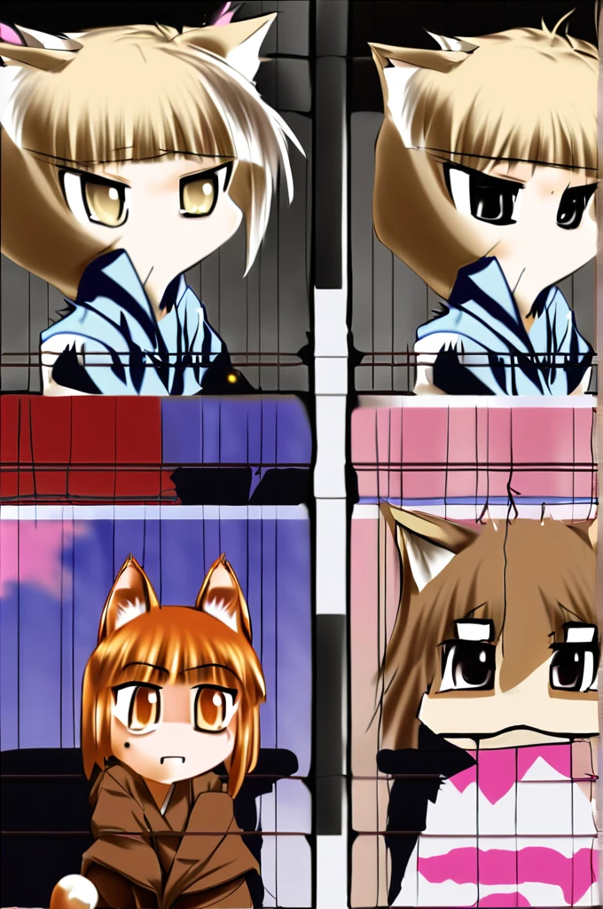 Short blonde hair, cat ears and tail to match hair color, orange eyes, wearing a red scarf, dressed like a brownish bandit, cute girl with a cat beast, brown leather gloves on her hands, two daggers in her hands, ready for battle, , the picture should be a Japanese anime, similar to the reference image, small breasts