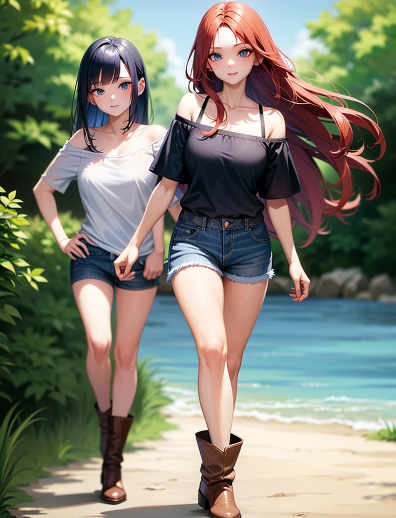 sexy young girl, long hair strong red hair, de blue eyes, Short white off-the-shoulder shirt, bright blue short jean shorts, mirada happy, happy, short brown boots, walking, con su hija pequeña de cabello gris de blue eyes, little daughter gray hair, blue eyes