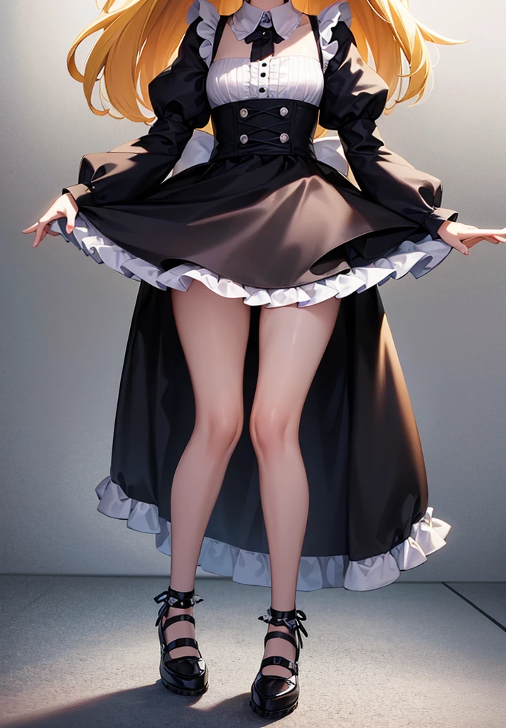 ((Maid)),Frills,Cute ,Tiny ,Small ,Childish face, Very fine clean face,Top quality,Straight Hair,Yellow hair,(Dark Room), Subtle light, Natural light,Soft lighting,Light from directly behind, (Are standing),Front view,Black background