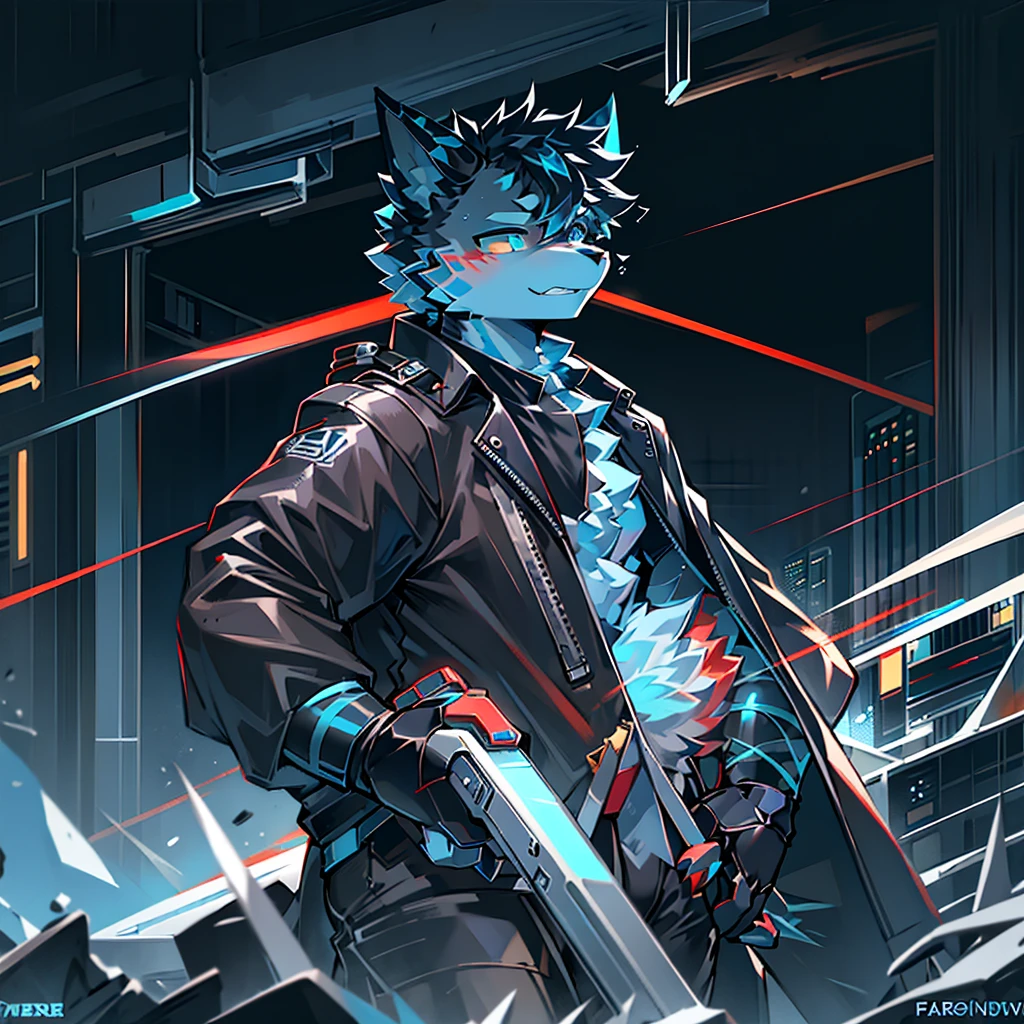 cybermetropolis,thunder,drifting snow,male mechanical blue and white dargon,red stripes on the face, black leather jacket,firmament,SHOW profile