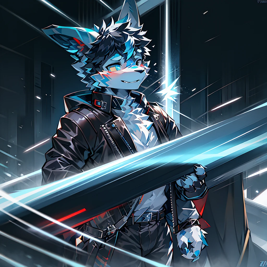 cybermetropolis,thunder,drifting snow,male mechanical blue and white dargon,red stripes on the face, black leather jacket,firmament,SHOW profile
