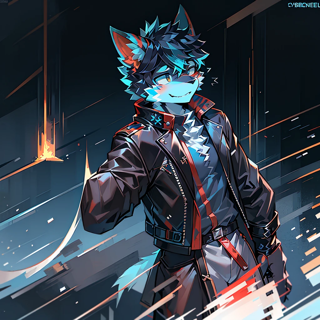 cybermetropolis,thunder,drifting snow,male mechanical blue and white dargon,red stripes on the face, black leather jacket,firmament,SHOW profile