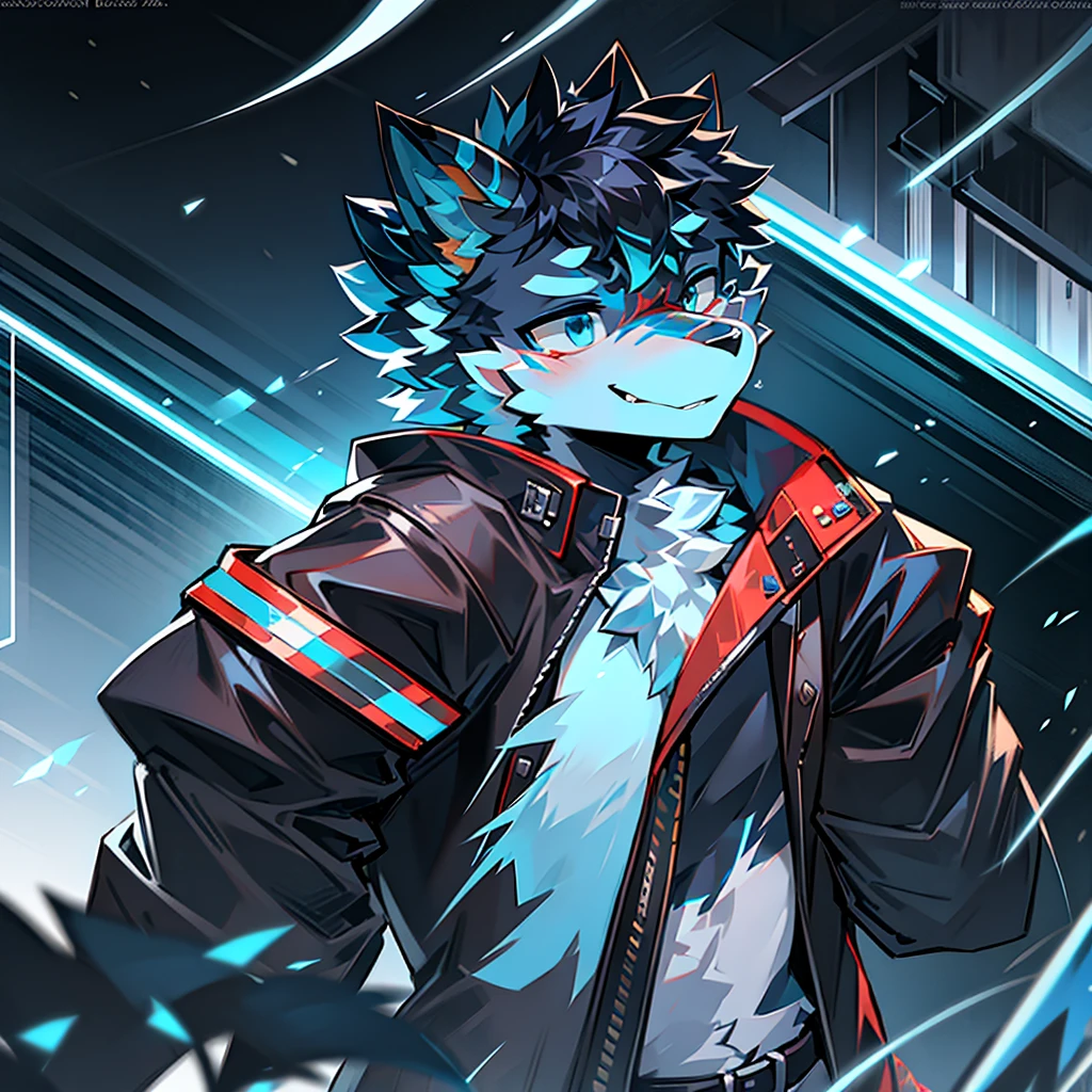 cybermetropolis，thunder，drifting snow，male mechanical blue and white dargon，red stripes on the face, black leather jacket，firmament，SHOW profile
 