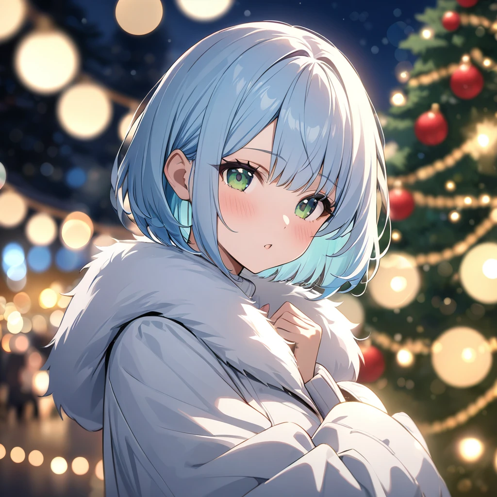 Highest quality、Light blue hair、Short Bob、Deep green eyes、Small breasts、Christmas illumination、bokeh，White fur coat、White Breath、night