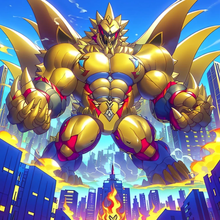 (masterpiece. official art. 8k. best quality. detailed full body. full body.)
(situation 1 : dominating The_Phoenix_Wolf. focus GIANT mechanical Muscular The_Phoenix_Wolf is trampling the CITY. macro. stomp. Low-angle perspective. emphasizing the immense size. The perspective is from below, emphasizing the sheer majesty and power of the Giant. giant art. He is much bigger than a skyscraper. Giga Giants. micro soccer field. looking down.)

(situation 2 :smoke and flames rising from the destruction in the city)

(Additional details 1: wearing a full-face helmet. no face.)

(Additional details 2: (Detailed head. Detailed Body. Detailed abs. gigantic muscles. HYPER MUSCLES. Gigachad Muscular. big muscle. pecs. triceps. traps. unusually developed muscular body. body full of huge muscles. showing off muscles. pectorales enormes. Exaggeratedly huge muscles. huge muscles. long legs.).

(Additional details 3: nj5furry, Spread wings. It has wings. golden have big wings. The claws are sharp. Sharp teeth.). 