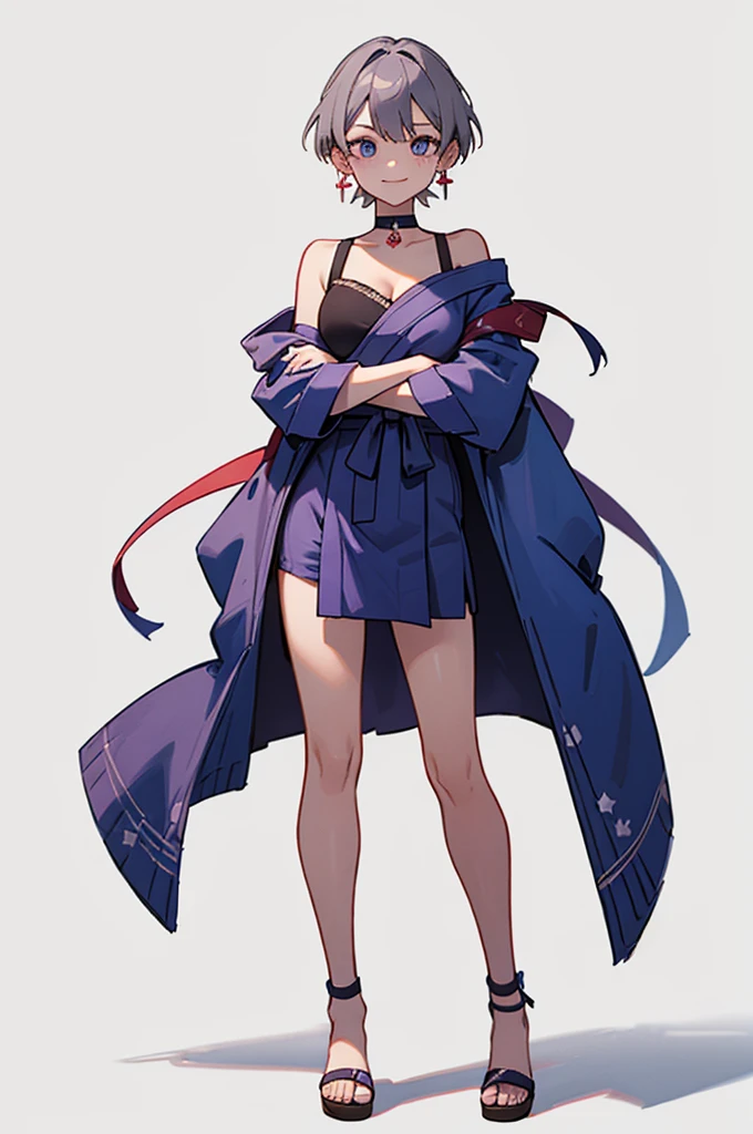 Blue Yukata、Gray Hair、Mischievous face、Choker on neck、Big earrings、The earrings are red、Arms crossed、Only the mouth is smiling、Straw sandals、Choker on right leg、Shoulders are out(whole body、Are standing、、White background)