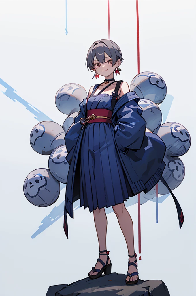 Blue Yukata、Gray Hair、Mischievous face、Choker on neck、Big earrings、The earrings are red、Arms crossed、Only the mouth is smiling、Straw sandals、Choker on right leg、Shoulders are out(whole body、Are standing、、White background)