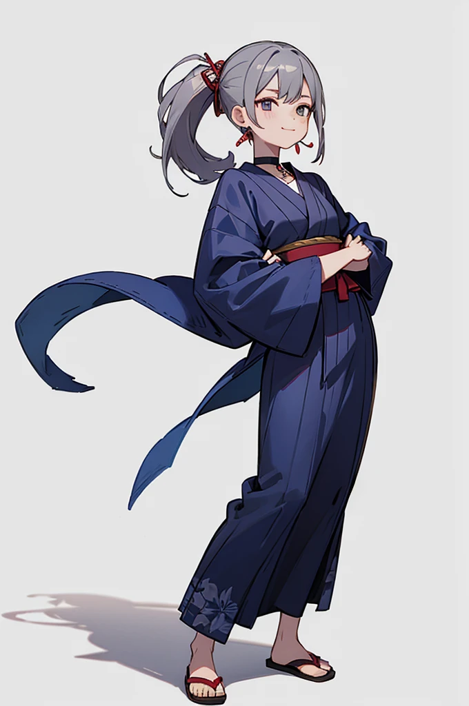 Blue Yukata、Gray Hair、Mischievous face、Choker on neck、Big earrings、The earrings are red、Arms crossed、Only the mouth is smiling、Straw sandals、Choker on right leg、Shoulders are out(whole body、Are standing、、White background)