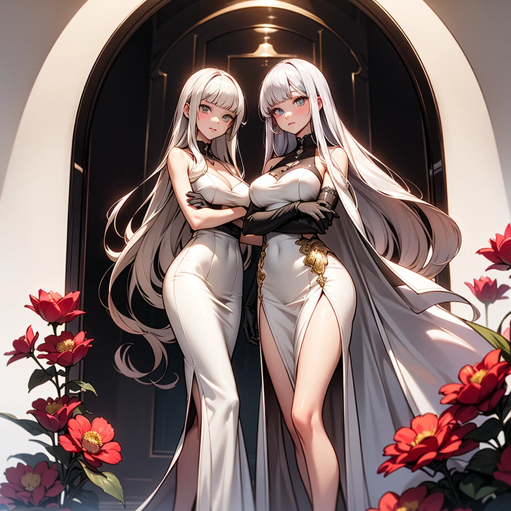 airy, bravely default, black gloves, high heels,  FernFrieren, very long hair, heterochromia  eyes, different coloured left and right eyes, red right eye, and purple left eye, each other eye is coloured another  different, red or purple colour, (gold pupils), looking down, straight-on, expressionless, crossed arms, standing, looking at viewer, large breasts,, ultra detailed, masterpiece, best quality, aesthetic, detailed, silver hair, silver shiny dress, 
gorgeos gold/ red /silver green and rose pink flowers as ornament on silver diamond dress
Straight silver bangs and hair, straight smoth long hair, straight cutted smooth hairstyle, bangs and so one side bangs