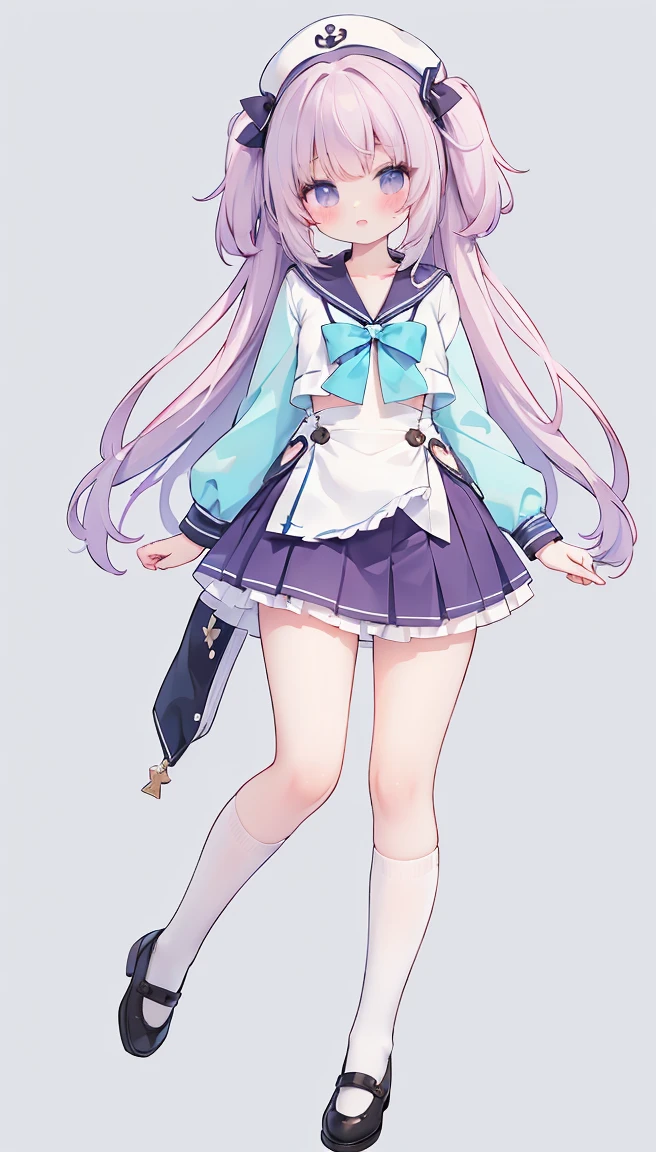 masterpiece, best quality, high resolution, white simple background, standing, slim waist, cute, sailor uniform, purple skirt, knee high long socks, (Pastel Colors: 1.3), full body