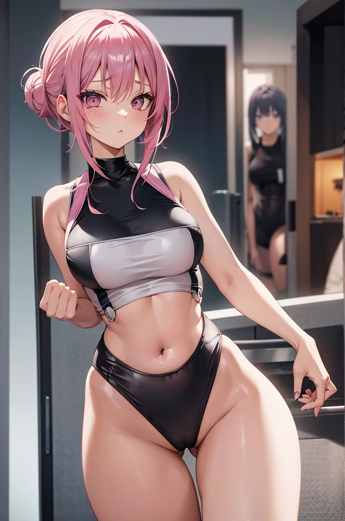 slim anime girl, with pink hair in a bun and bangs covering her forehead, highly detailed eyes shining like silver, with mascara on, wearing a black high waisted one-piece swimsuit, girl has a sexy waist, wearing a white crop-top