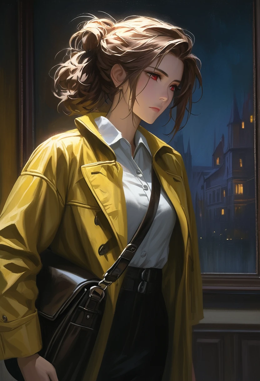 ((adult)), (woman), ((tall)), masterpiece, best quality, dark aura, brown hair, ((updo hair)), (messy hair) , ringed dark red eyes, plain white shirt, Yellow coat, black pants, carrying a big waist leather bag, (faint smile), realistic anime style, (oil painting), dark old manor background, night, impasto.