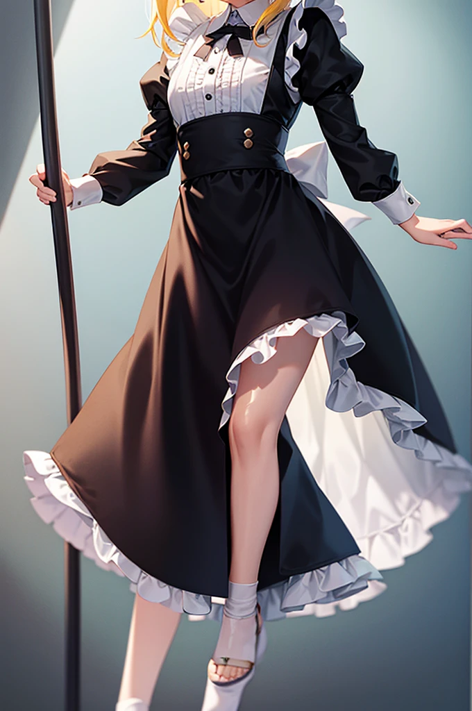 ((Maid)),Frills,Cute little ,Tiny ,Small girl,,Childish face, Very fine clean face,Top quality,Straight Hair,Yellow hair,(Dark Room), Subtle light, Natural light,Soft lighting,Light from directly behind, (Are standing),Front view,Black background