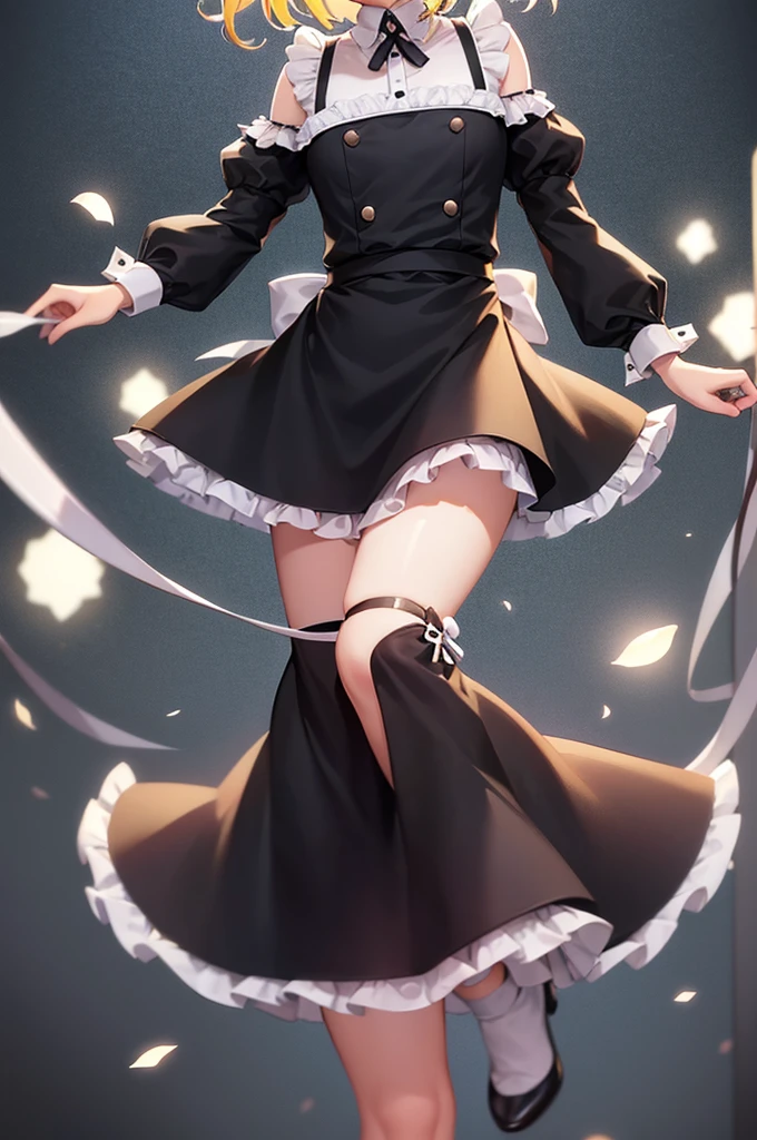 White hair , short hair, pinched eyes, (big-:1.5) , Thin legs, thin body, leather collar, Maid outfit victorian, dynamic pose, full body, View from below, wide hips, Kneeling