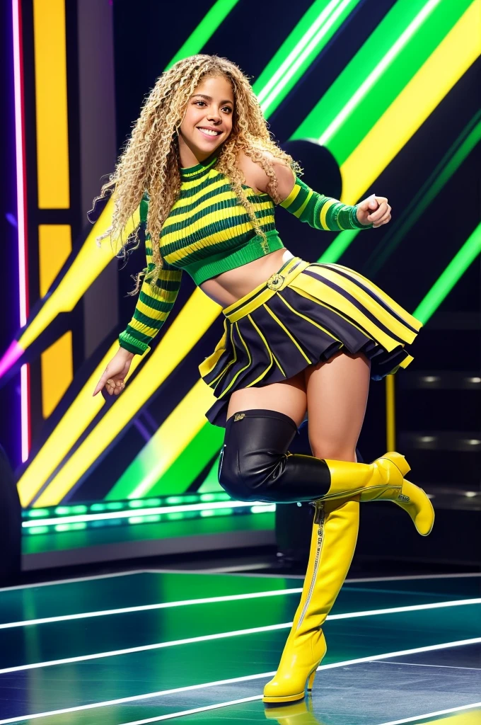 Shakira's performance outfit smiles beautifully with a short pleated skirt with yellow and green stripes, long boots with yellow and green stripes, butt turned, eyes facing the camera, wall of colors