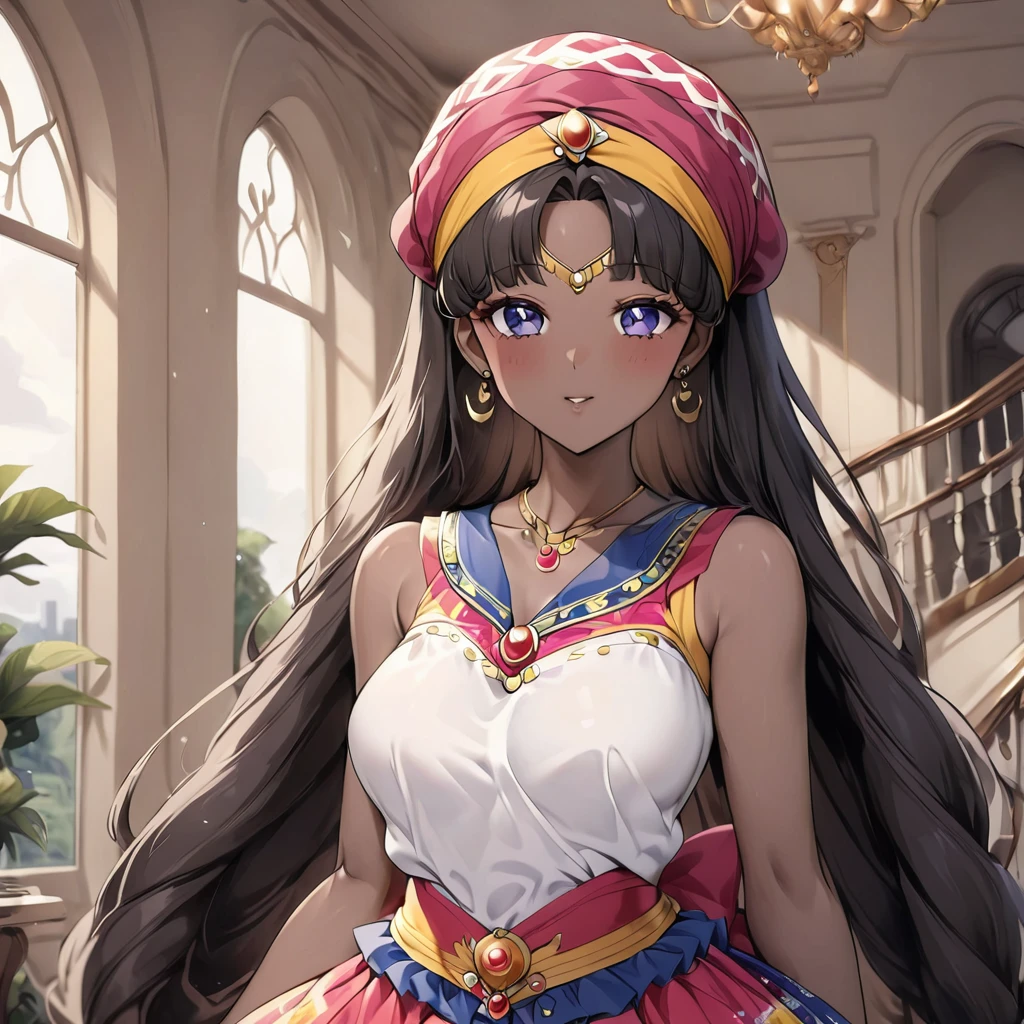 ((Highest quality)), ((masterpiece)), (detailed), (Perfect Face)、The woman is a Ghanaian born Tsukino Usagi with a vivid dark skin, a black person by birth, and is wearing a colorful Ghanaian dress, a colorful turban head scarf, gorgeous jeweled accessories, and an engagement ring in a luxurious Ghanaian mansion.、The woman is the elegant Tsukino Usagi, with short black hair and natural dreadlocks. She wears a colorful Ghanaian dress and a colorful turban headscarf. She has bright dark skin and is a natural black person.、(The woman is a black Ghanaian with vivid dark brown skin.)