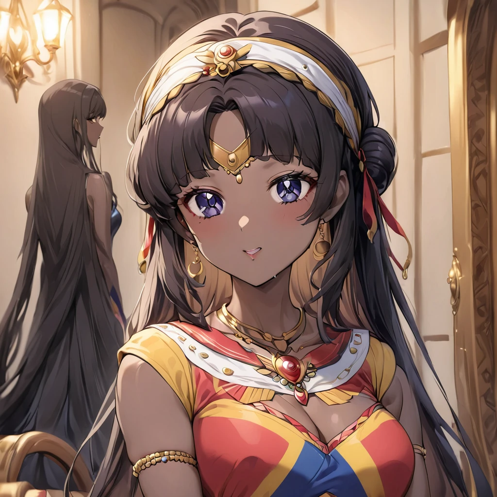 ((Highest quality)), ((masterpiece)), (detailed), (Perfect Face)、The woman is a Ghanaian born Tsukino Usagi with a vivid dark skin, a black person by birth, and is wearing a colorful Ghanaian dress, a colorful turban head scarf, gorgeous jeweled accessories, and an engagement ring in a luxurious Ghanaian mansion.、The woman is the elegant Tsukino Usagi, with short black hair and natural dreadlocks. She wears a colorful Ghanaian dress and a colorful turban headscarf. She has bright dark skin and is a natural black person.、(The woman is a black Ghanaian with vivid dark brown skin.)