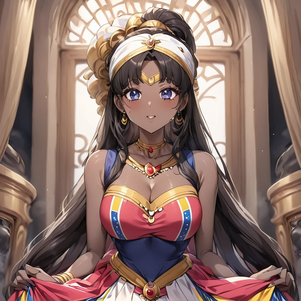 ((Highest quality)), ((masterpiece)), (detailed), （Perfect Face）、The woman is a Ghanaian born Tsukino Usagi with a vivid dark skin, a black person by birth, and is wearing a colorful Ghanaian dress, a colorful turban head scarf, gorgeous jeweled accessories, and an engagement ring in a luxurious Ghanaian mansion.、The woman is the elegant Tsukino Usagi, with short black hair and natural dreadlocks. She wears a colorful Ghanaian dress and a colorful turban headscarf. She has bright dark skin and is a natural black person.、（The woman is a black Ghanaian with vivid dark brown skin.）