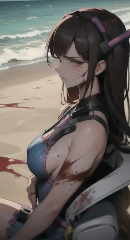 Sweating, D.va, blood everywhere, D.va covered in blood, beach, looking at viewer pissed, side view,