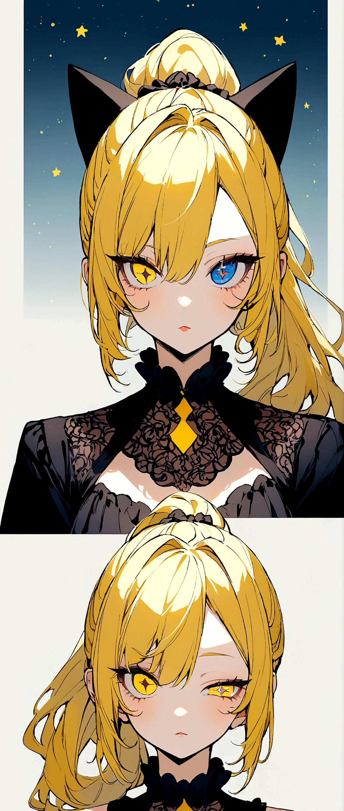 Yellow Hair、Ponytail on the right、Right eye is blue、Left eye is yellow、Odd Eye、Stars in the eyes、Cat ear、Girl