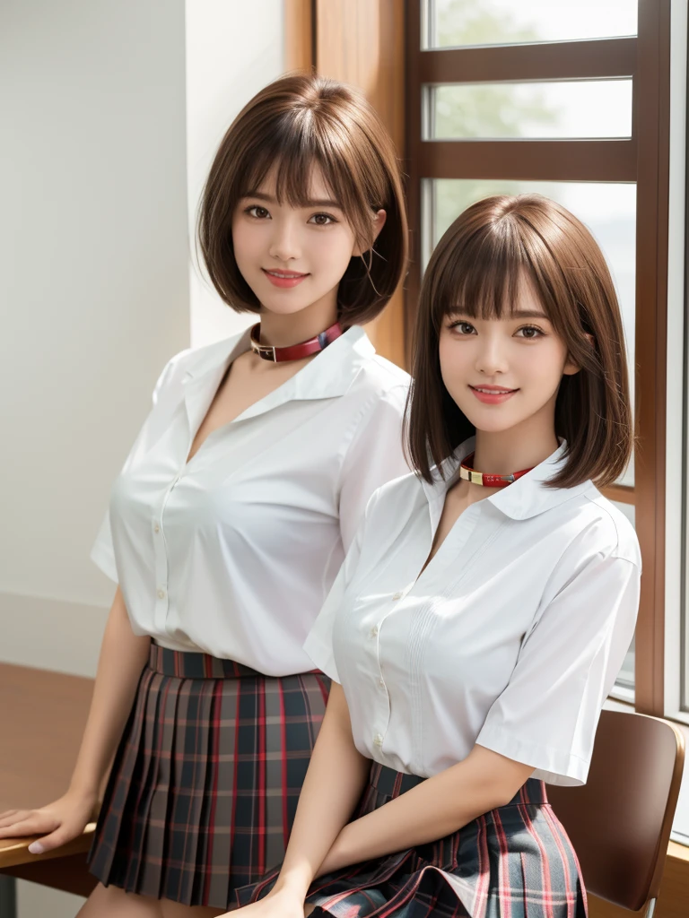 1girl, Chinese girl, solo, facing viewer, smile, 8k, masterpiece, (((short brown hair, bangs))), (((white shirt with collar))), short sleeves, ((pleated tartan skirt)), posing for a picture, highly detailed face and skin texture, detailed eyes, realistic, daytime, high resolution, 8k, medium breast, cleavage: 1.2, classroom, table, chair, blackboard, class, window, 8k