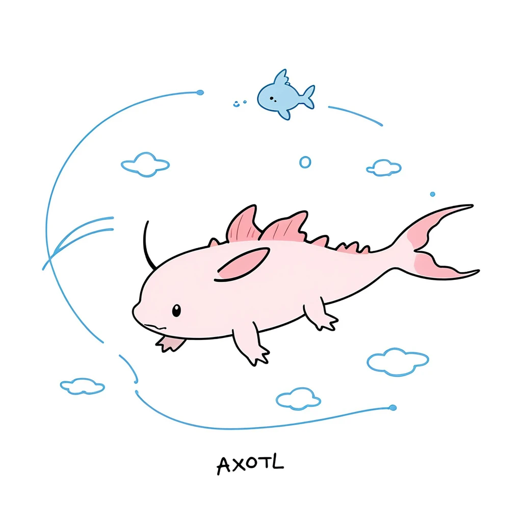 1 axolotl only,simple,(white background:1.4),doodle,scribble,minimalism,diagrammatic drawing, Day Dream,look at viewer
