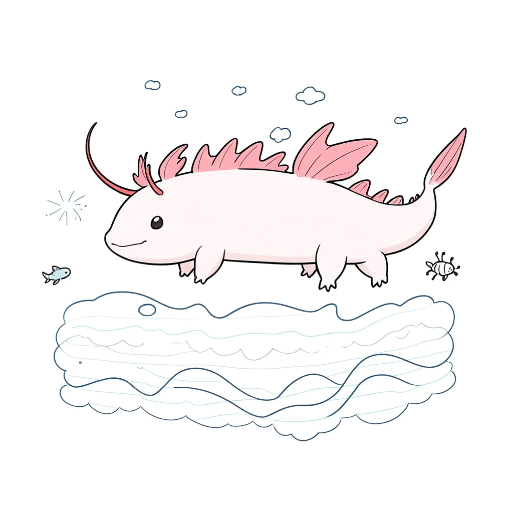 1 axolotl only,simple,(white background:1.4),doodle,scribble,minimalism,diagrammatic drawing, Day Dream,look at viewer