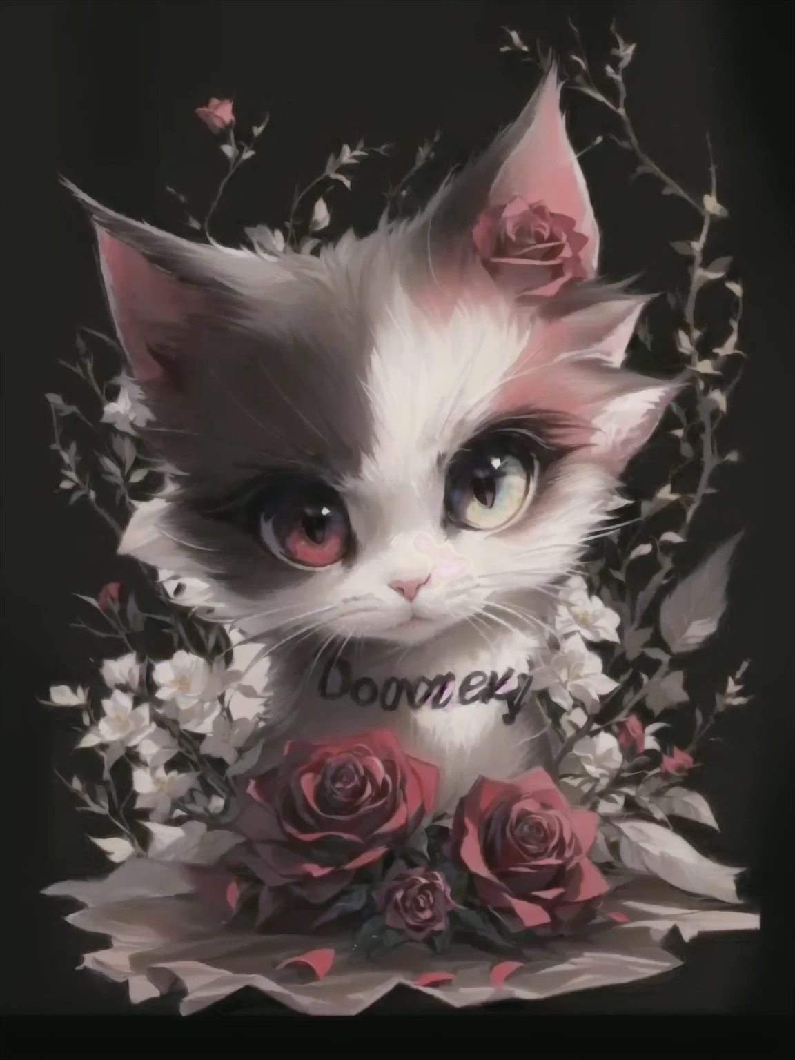 Close-up of a cat，There is a red rose beside me, Animated visual of cute cats, Anime cat, Cat design, author：Dom Qwek, realistic Anime cat, Lovely and detailed digital art, Lovely artwork, 非常美丽可爱的 author：Lambert Doomer, Cute digital art, Furry cat T-shirt design,Thorn rose