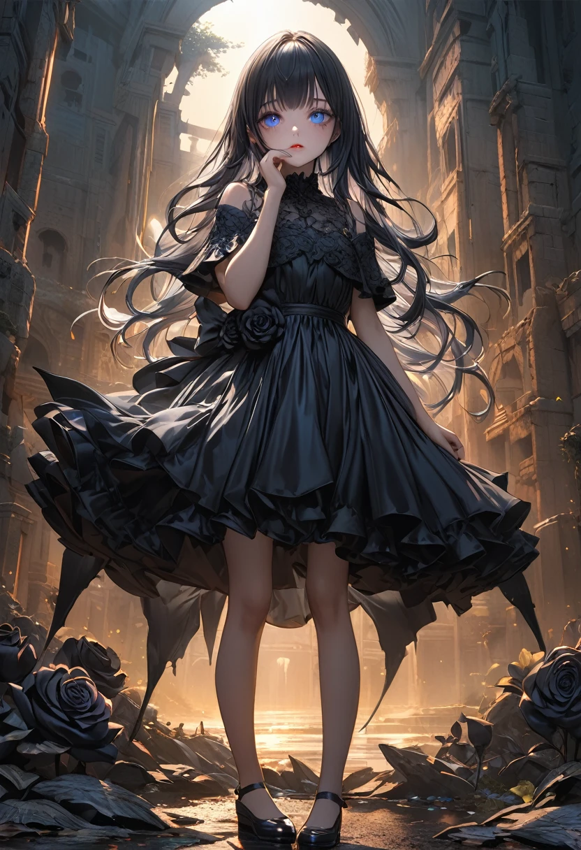 Full Body View, Elevation, Beautiful attention to detail, Beautiful lip detail, Highly detailed eyes and face, Long eyelashes, beautiful and cute young girl, Princess of the Underworld, dark表情, Depressed face, look up, Put your hand over your mouth, White and black gradient hair, Through the bangs, Flowing Hair, Light blue decorated with black roses黒人の薄いベール, Light blue decorated with black roses、Very beautiful black dress, dark地下世界の背景, (Highest quality,16K,High resolution,masterpiece:1.2),Super detailed,(Ultra-realistic,Photorealistic:1.37),High resolution,超High resolution,Studio Lighting,Ultra-fine painting,Sharp focus,Physically Based Rendering,Very detailed explanation,Professional,Vibrant colors,Japanese anime style,Dramatic lighting,Chiaroscuro,mysterious,melancholy,dark,Surreal,Fantasy,The background is of ruins
