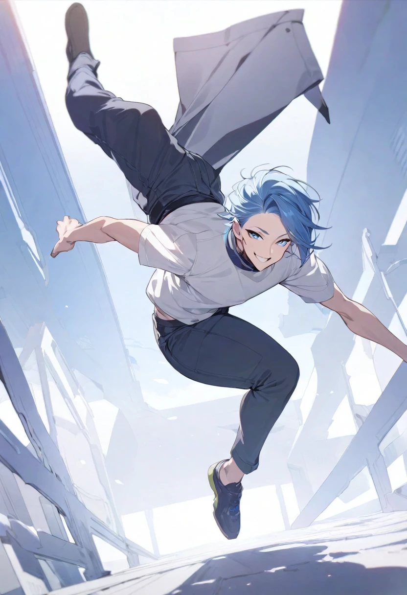 Ultra-high resolution, masterpiece, Highest quality, One boy, Shiota Nagisa R4, Blue Hair, blue eyes, Simple background high resolution, masterpiece, Highest quality, One boy, Shiota Nagisa R4, Blue Hair, blue eyes, Simple background, full body.fullbody.Jump.smile.pants.Angle from below.Dynamic Composition.