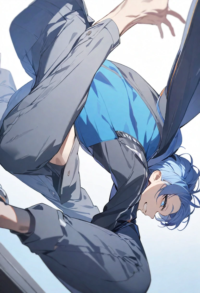 Ultra-high resolution, masterpiece, Highest quality, One boy, Shiota Nagisa R4, Blue Hair, blue eyes, Simple background high resolution, masterpiece, Highest quality, One boy, Shiota Nagisa R4, Blue Hair, blue eyes, Simple background, full body.fullbody.Jump.smile.pants.Angle from below.Dynamic Composition.