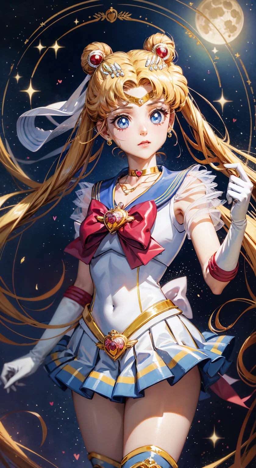 masterpiece, Highest quality, (1 Girl), Super Sailor Moon, Cowboy Lens, night sky, moonlight, night, White gloves, blue eyes, Galaxy Background, Colorful clothes, , Blue Skirt, hair ornaments, Red Bow, brooch, heart brooch, Earrings, Crescent Moon, heart necklace, heart, Very long hair, Crescent Moon moon Earrings, tiara, Yellow Necklace, boots, knee boots, Red Shoes, Long legs
