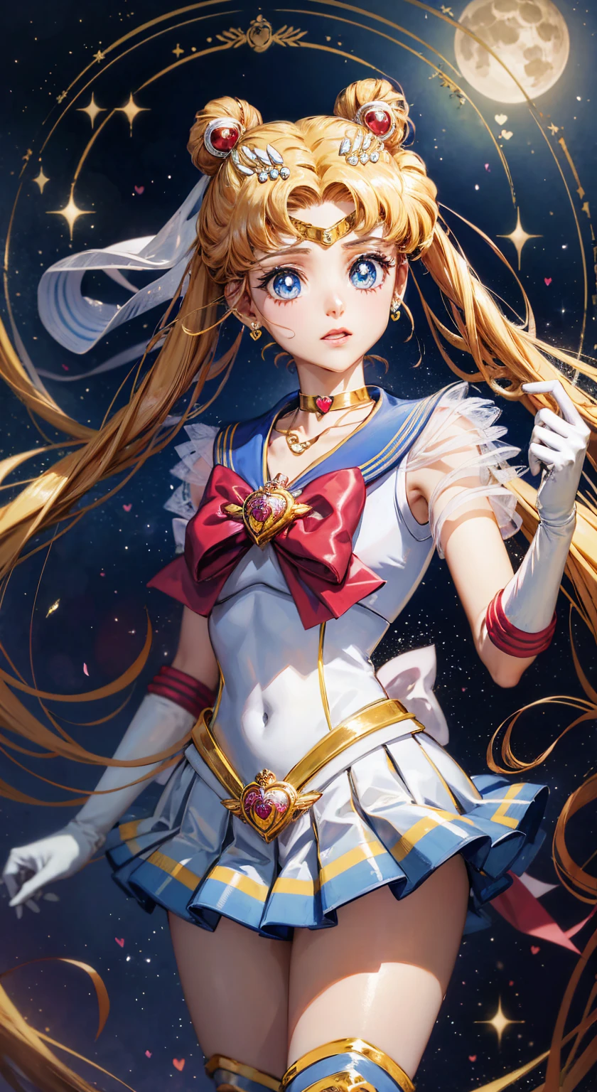 masterpiece, Highest quality, (1 Girl), Super Sailor Moon, Cowboy Lens, night sky, moonlight, night, White gloves, blue eyes, Galaxy Background, Colorful clothes, , Blue Skirt, hair ornaments, Red Bow, brooch, heart brooch, Earrings, Crescent Moon, heart necklace, heart, Very long hair, Crescent Moon moon Earrings, tiara, Yellow Necklace, boots, knee boots,  Red Shoes, Long legs
