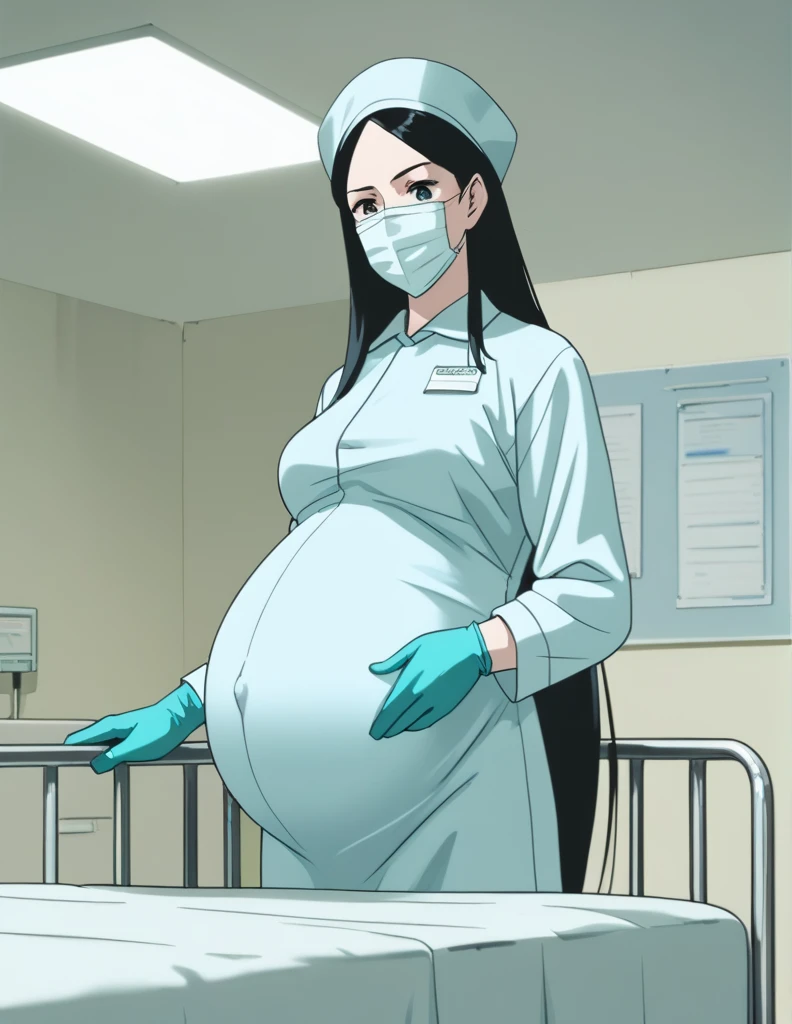 score_9, score_8_up, score_7_up, source_anime, kasuganoray, pale skin, long hair, scrubs, surgical mask, surgical cap, long sleeve surgical gown,
1girl, pregnant, solo, rubber gloves, looking down, furrowed brow, hospital bed, standing