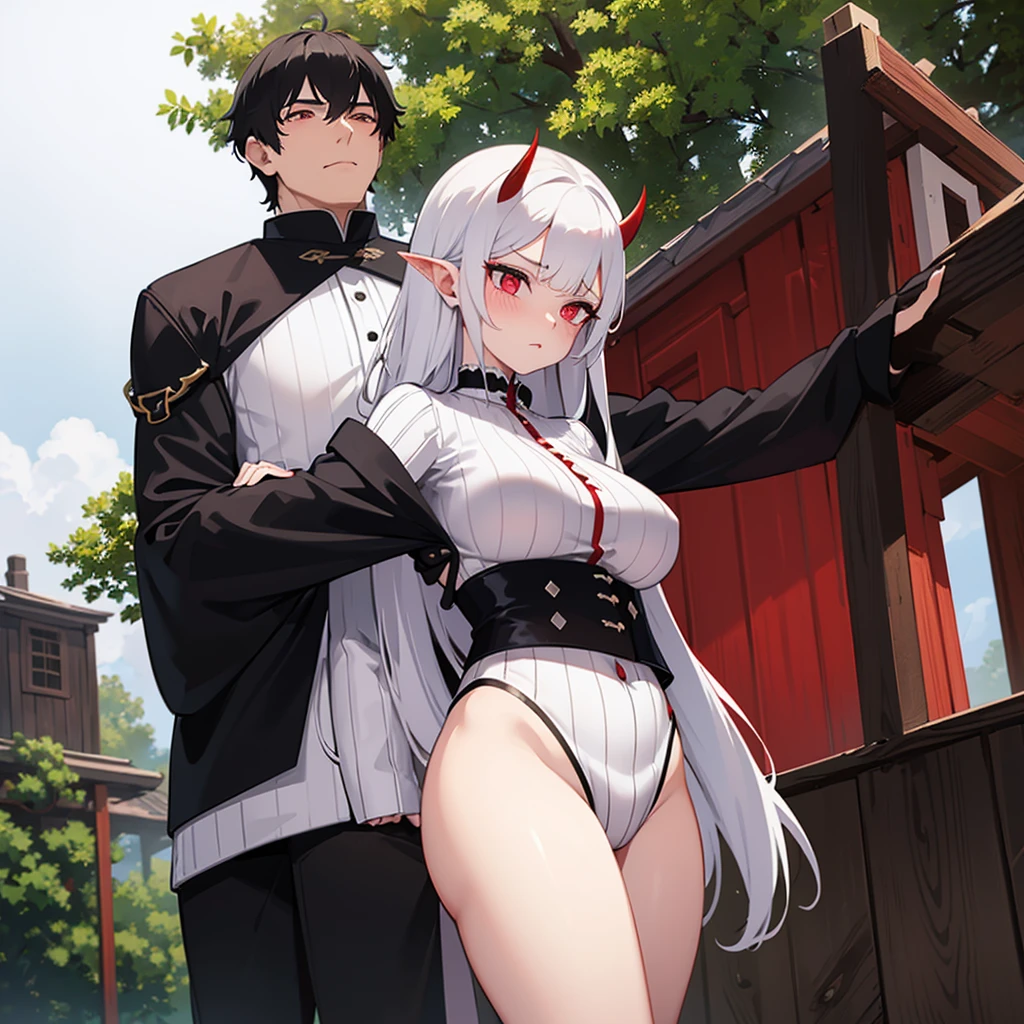 A she-devil with white hair and red eyes, slanted white skin, a long-sleeved silk shirt with black white stripes, gigantic breasts and a big ass with small red horns, blushing with a tree house background and with a black-haired age boy. man
