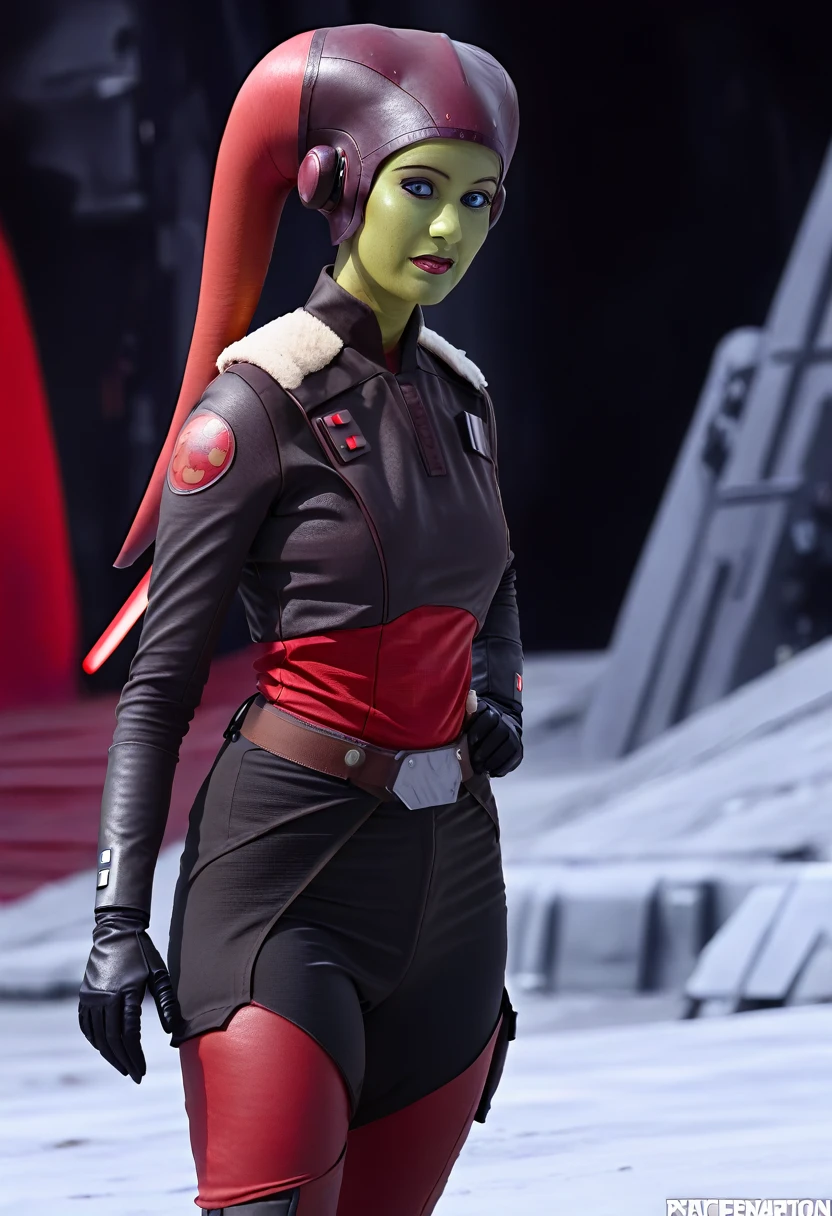 score_9, score_8_up, score_7_up, score_6_up, 2d, rating_questionable, rating_safe, BREAK ((green skin)) Female Twi'lek (((hera syndulla ))), helmet with red visor, star wars, armor,black gloves,tight bodysuit,black cape,black pants, close up, solo, standing, front view, medium breasts, wide hips, holding lightsaber, double edged, action pose, red blade, indoors, sith base, science fiction,
