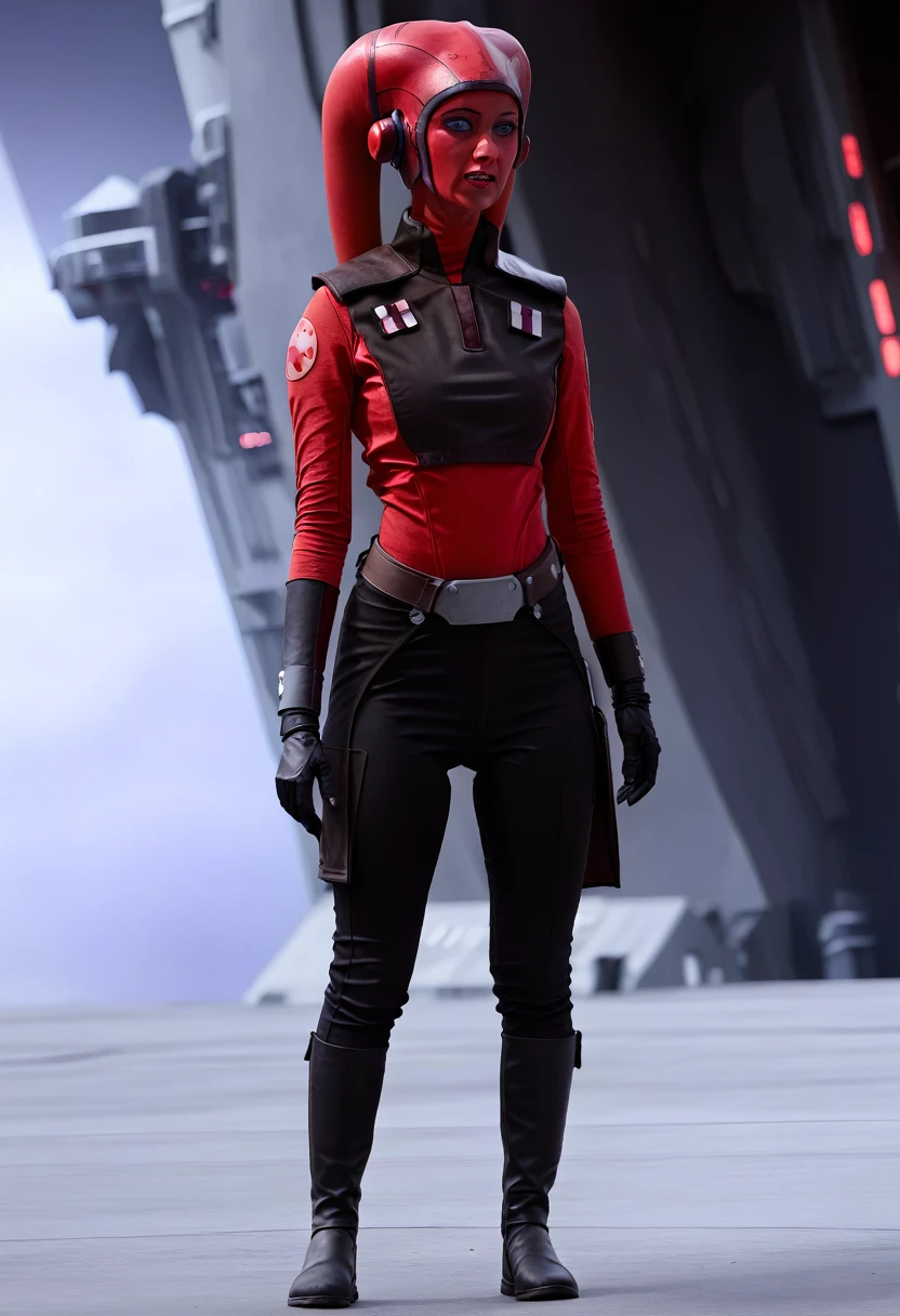 score_9, score_8_up, score_7_up, score_6_up, 2d, rating_questionable, rating_safe, BREAK ((green skin)) Female Twi'lek (((hera syndulla ))), helmet with red visor, star wars, armor,black gloves,tight bodysuit,black cape,black pants, close up, solo, standing, front view, medium breasts, wide hips, holding lightsaber, double edged, action pose, red blade, indoors, sith base, science fiction,
