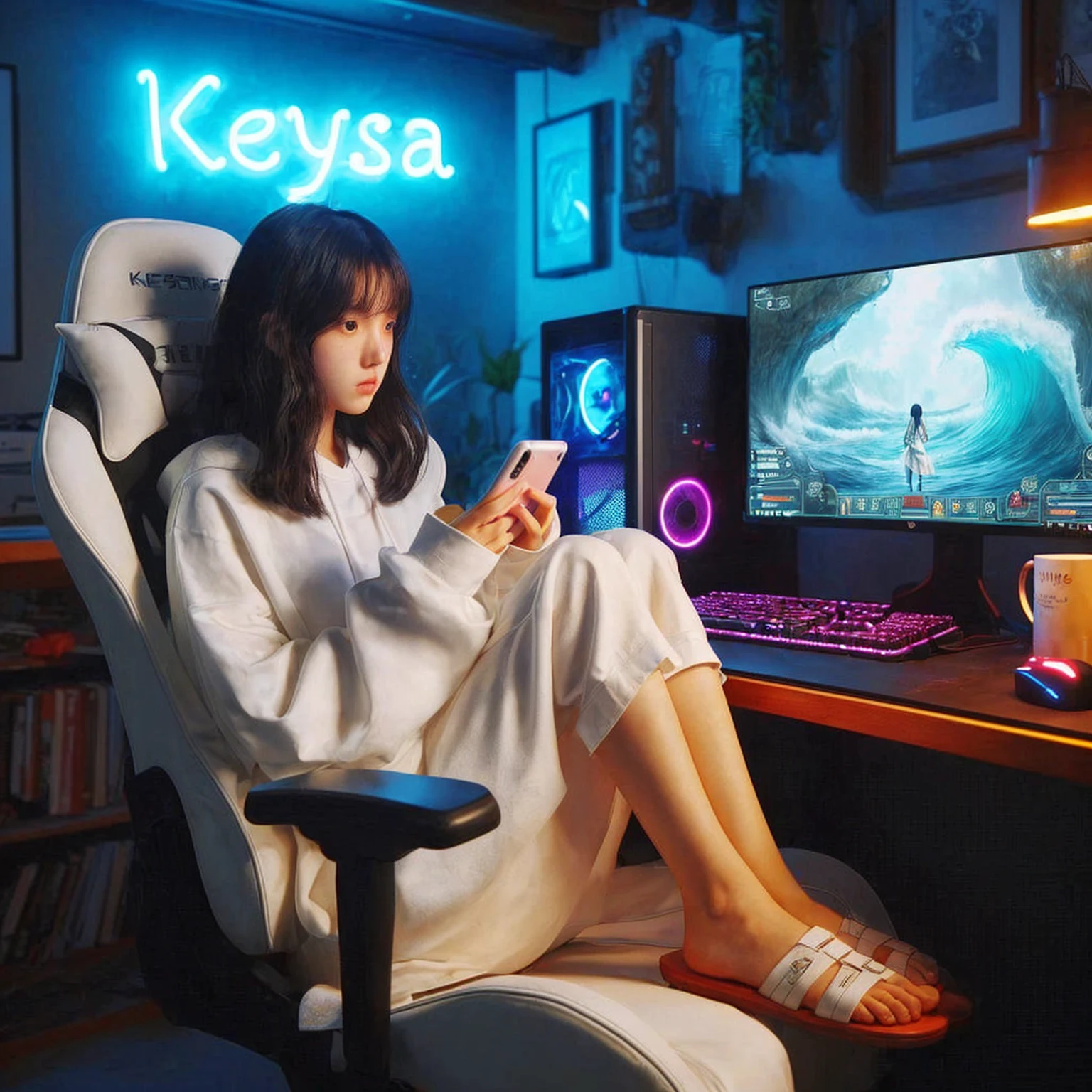 An 18-year-old Korean girl, wearing an oversized white shirt and sandals, sits on a gaming chair while holding a phone facing forward. A computer on the table beside her displays the game Wuthering Waves. The background is a gaming room with neon lights that spell "Keysa." Realistic image, UHD, masterpiece, 4K.