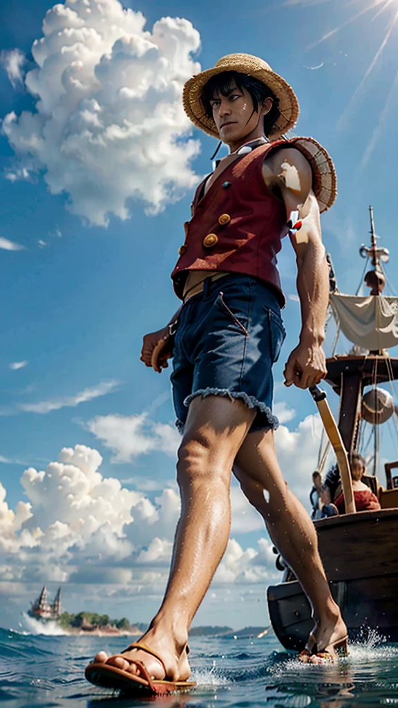 A hyper-realistic live-action depiction of Monkey D. Luffy from One Piece, in the middle of performing his iconic "Gomu Gomu no Pistol" attack. Luffy is in his signature straw hat, red vest, blue shorts, and sandals. His rubber arm is stretched back, ready to punch forward with incredible force. The background features a vibrant, action-packed pirate setting with detailed ships, ocean waves, and a dramatic sky. The scene captures the intensity and determination in Luffy's eyes as he executes his attack.
