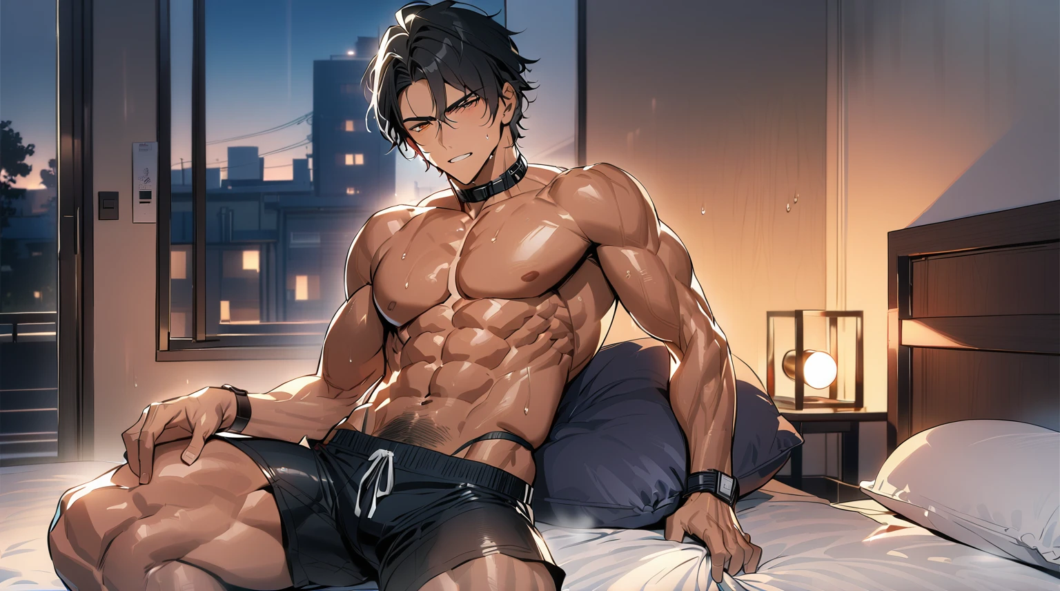 1 man, Handsome man, Ambiguous laughter,Seductive expression, Solitary, muscular, Muscle Man, High target, handsome guy, Big biceps, Abdominal muscles, thigh, Broad shoulders, Open the chest,, Black short hair,sweat, Sweaty hair, Shirtless, Sit on the bed and relax, Black shorts, Viewers Watching, high resolution:1.2, best quality, Upper body shooting, Flat style, Ambiguous room background, Low photographic angle, Volumetric Lighting, Depth of Field, shadow,Romantic environment