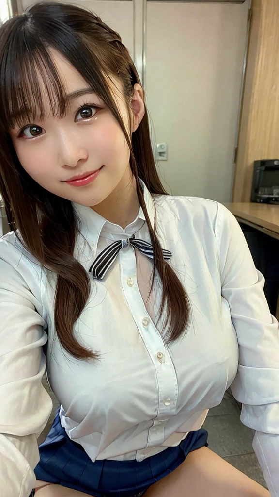 Tabletop、Highest quality、figure、 Super detailed、High resolution、8k wallpaper、Perfect dynamic composition,、Big and beautiful eyes、suit、Brown Hair、Long Hair、
(Beautiful big breasts:1.3)、Natural color lip、Bold sexy poses、smile、20-year-old girl、cute、sexy shot looking at camera、One Woman、skirt、office lady、Beautiful feet、sexy、White shirt、The buttons on my shirt are about to fly off、Her underwear is visible