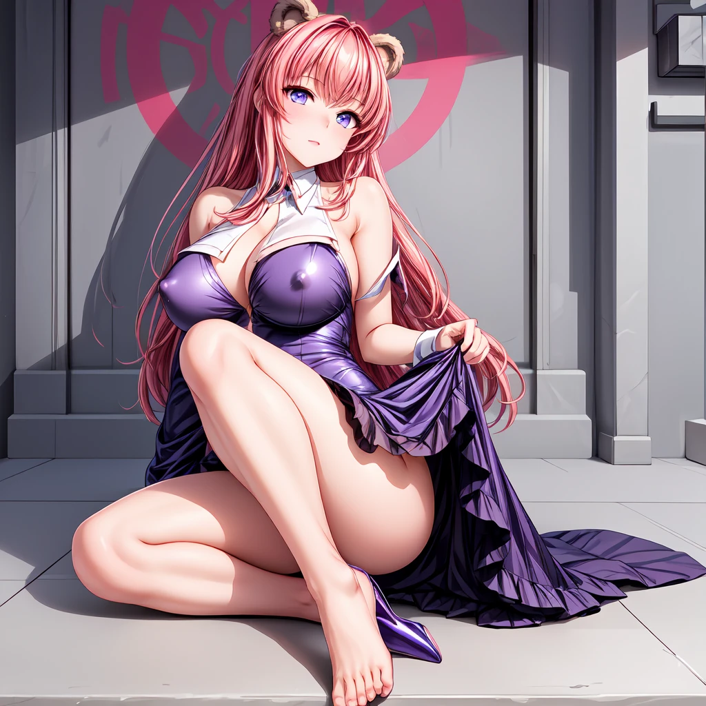 masterpiece, Highest quality,Beautiful Eyes, Beautiful Hair, Beautiful Face, Beautiful Skin, alone, 1 Girl, Erect nipples, Anime Girls, (whole body), Curvy, Beautiful breasts,Shiny skin,Shining Eyes, Smooth Skin, Glowing Skin, Soft Skin, Shiny skin, (A purple high-leg bunny girl with no decorations on her shoulders or neck..)、Side bust, Cleavage, barefoot, High heels, Pink Hair, (Bear neck:1.3), (Bare shoulders:1.3), (bare collarbones:1.3)