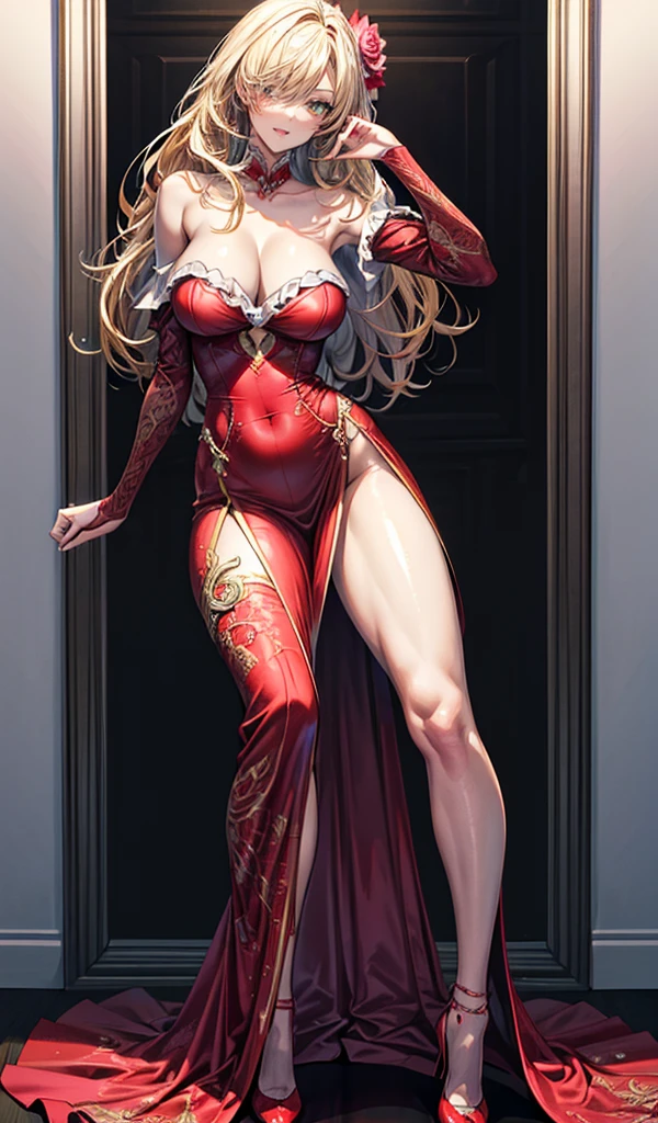 Please follow all prompts below exactly and faithfully. This is a breathtaking masterpiece of digital illustration, with maximum resolution, UHD, 512K, 2160p, 10 million ppi, 300 million dpi, natural color tones, ultra sharp details, perfect outlines with contrast, ((most realistic skin and hair textures:1.5)), most beautiful detailed eye features, perfect anatomically correct human body, beautiful background with depth, rule of thirds, depth of field, Maximize all element is used to its full potential to create the best digital illustrations, BREAK 1woman, sexy:1.5, beautiful face sharp, elegant woman, perfect body style, slender, beautiful big breasts, green eyes, blonde hair, hair over one eye, long hair, glossy very thick lips:0.7, pink lipstick:0.7, smile, BREAK Bright red flamenco dancer costume, off-shoulder:1.5, rose hair accessory, wide open cleavage, red high heels, long skirt with large frills: 1.5,