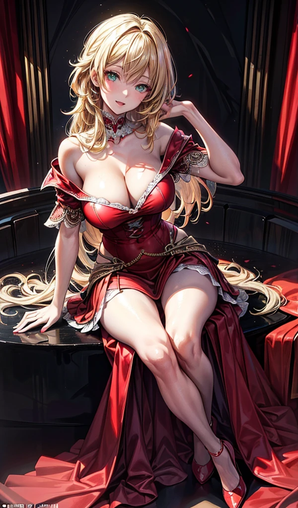 Please follow all prompts below exactly and faithfully. This is a breathtaking masterpiece of digital illustration, with maximum resolution, UHD, 512K, 2160p, 10 million ppi, 300 million dpi, natural color tones, ultra sharp details, perfect outlines with contrast, ((most realistic skin and hair textures:1.5)), most beautiful detailed eye features, perfect anatomically correct human body, beautiful background with depth, rule of thirds, depth of field, Maximize all element is used to its full potential to create the best digital illustrations, BREAK 1woman, sexy:1.5, beautiful face sharp, elegant woman, perfect body style, slender, beautiful big breasts, green eyes, blonde hair, hair over one eye, long hair, glossy very thick lips:0.7, pink lipstick:0.7, smile, BREAK Bright red flamenco dancer costume, off-shoulder:1.5, rose hair accessory, wide open cleavage, red high heels, long skirt with large frills: 1.5,