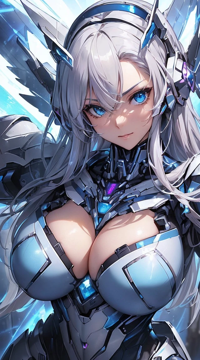 ((Extreme close up:1.6))、(((Lenses shining on both breasts:1.3)))、((A blue pillar of light emanates from both of his chests..:1.3))、break、(((Dynamic pose:1.8)))、smile、((8K)), ((32k)), ((Highest quality)), ((masterpiece)), ((超A high resolution)), ((Tmasterpiece)), ((Halation:1.4))、((Mechaニカルheadgear:1.2))、((Cyber Headphones:1.3))Fine skin, High quality fabric, High-quality metal texture、((Beautiful and dense face))、RAW Photos、Professional, Ultra-fine painting, ((alone)), Beautiful breasts、Highest quality, Very detailed, Very detailed詳細, Finer details, so beautiful, ((Princess Knight Robot:1.2)),  (Joint of the machine, Mechanical Limbs:1.3), (The internal structure of the machine is exposed:1.3), (Long silver hair:1.1), (Beautiful and huge mechanical breasts)、White Veil, cowboy_shot, Side Focus, headgear, Shiny、(Five Fingers, Four fingers and thumb),Concept Art, Anime fantasy artwork, Detailed fantasy art, (with pale blue-violet hair and large white wings,,,,,,,,), (((Long silver hair))), (Mecha:1.6)、Sleek and intimidating design, ((Commander-in-Chief&#39;arm)), (Perfect robot body)、純白と青紫のarmまたは, Symmetrical wings, 8K High Resolution, Detailed Art, 3D rendering of character art in 8K, neat legs, Defined, Defined fingers,((headshot:1.3))