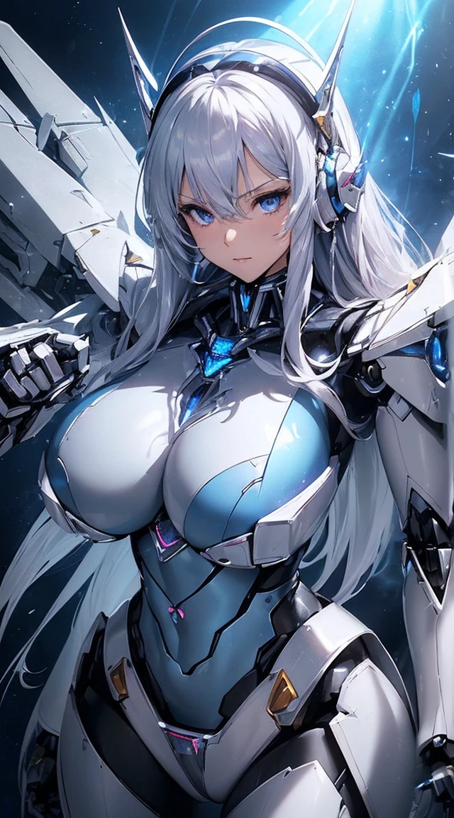 ((Extreme close up:1.6))、(((Lenses shining on both breasts:1.3)))、((A blue pillar of light emanates from both of his chests..:1.3))、break、(((Dynamic pose:1.8)))、smile、((8K)), ((32k)), ((Highest quality)), ((masterpiece)), ((超A high resolution)), ((Tmasterpiece)), ((Halation:1.4))、((Mechaニカルheadgear:1.2))、((Cyber Headphones:1.3))Fine skin, High quality fabric, High-quality metal texture、((Beautiful and dense face))、RAW Photos、Professional, Ultra-fine painting, ((alone)), Beautiful breasts、Highest quality, Very detailed, Very detailed詳細, Finer details, so beautiful, ((Princess Knight Robot:1.2)), (Joint of the machine, Mechanical Limbs:1.3), (The internal structure of the machine is exposed:1.3), (Long silver hair:1.1), (Beautiful and huge mechanical breasts)、White Veil, cowboy_shot, Side Focus, headgear, Shiny、(Five Fingers, Four fingers and thumb),Concept Art, Anime fantasy artwork, Detailed fantasy art, (with pale blue-violet hair and large white wings,,,,,,,,), (((Long silver hair))), (Mecha:1.6)、Sleek and intimidating design, ((Commander-in-Chief'arm)), (Perfect robot body)、純白と青紫のarmまたは, Symmetrical wings, 8K High Resolution, Detailed Art, 3D rendering of character art in 8K, neat legs, Defined, Defined fingers,((headshot:1.3))