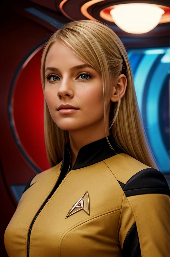 young woman, dirty blonde hair, soft smile, sharp angular features, sci fi spaceship background, red star trek uniform, facing off camera, photo