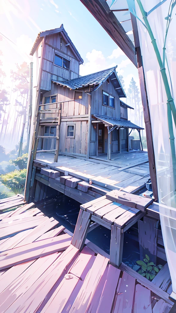 sale 10,00 bath A small hut with an old, weathered corrugated iron roof. It is supported by inclined wooden beams and supported by bamboo from the floor to the roof. It's like the house is about to collapse. The cottage appears to be in a rural area with trees in the background at dawn or dusk. And there are still things scattered on the floor below